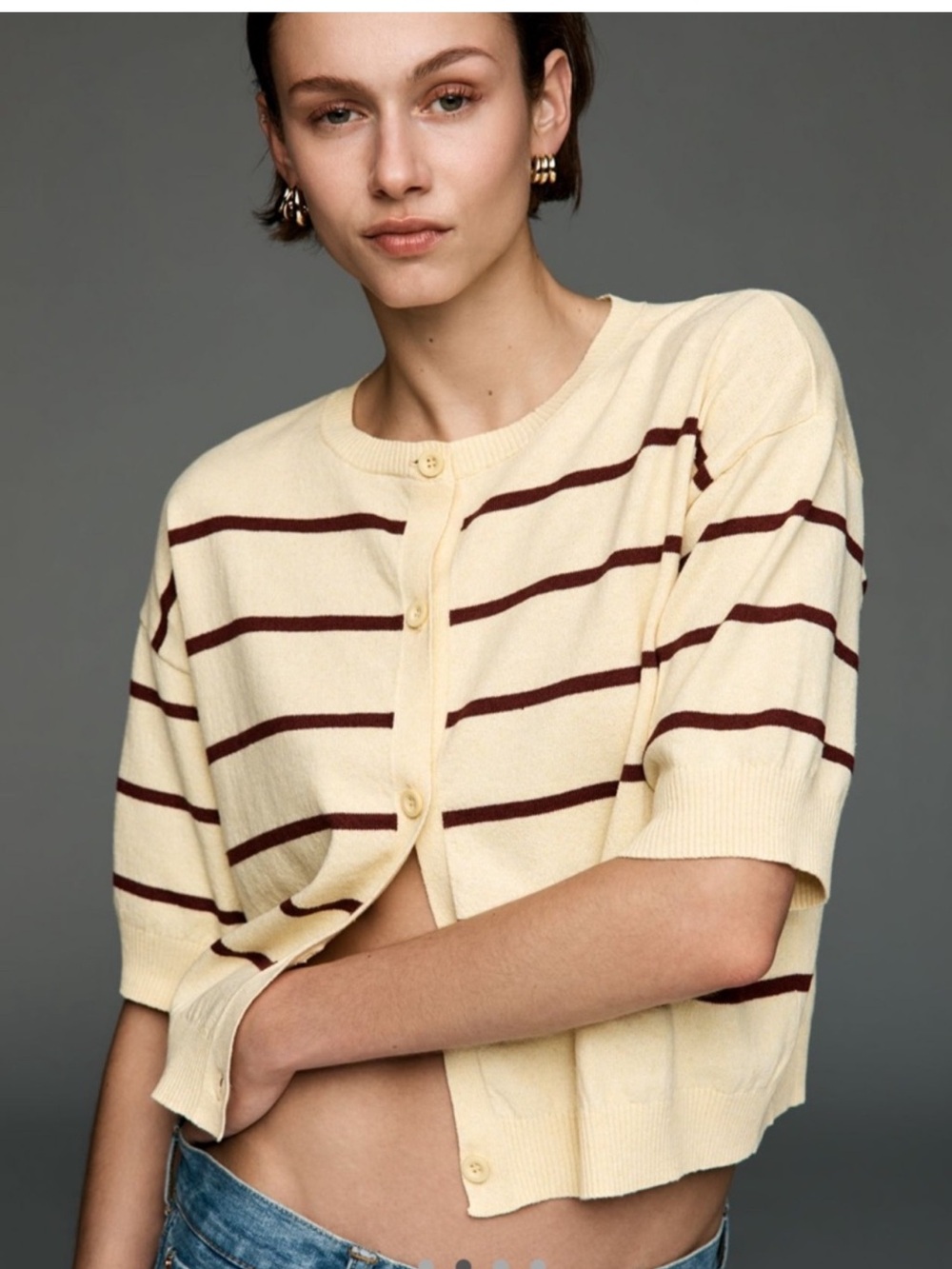 Maeve Stripe Short-Sleeve Cardigan Sweater